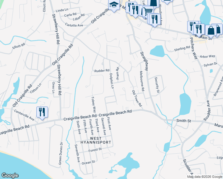map of restaurants, bars, coffee shops, grocery stores, and more near 81 Isalene Road in Barnstable