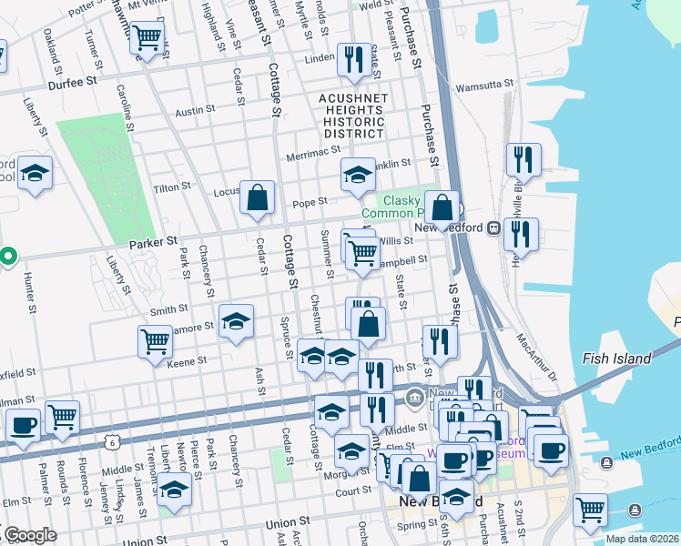 map of restaurants, bars, coffee shops, grocery stores, and more near 629 County Street in New Bedford