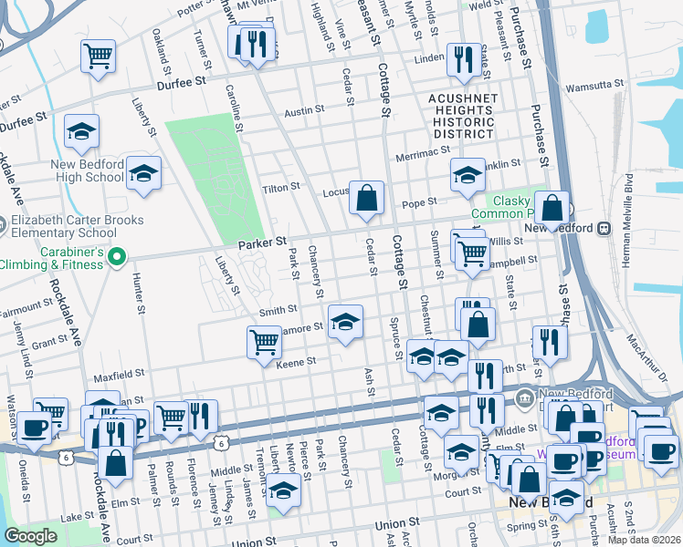 map of restaurants, bars, coffee shops, grocery stores, and more near 195 Smith Street in New Bedford