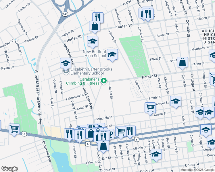 map of restaurants, bars, coffee shops, grocery stores, and more near 157 Hunter Street in New Bedford