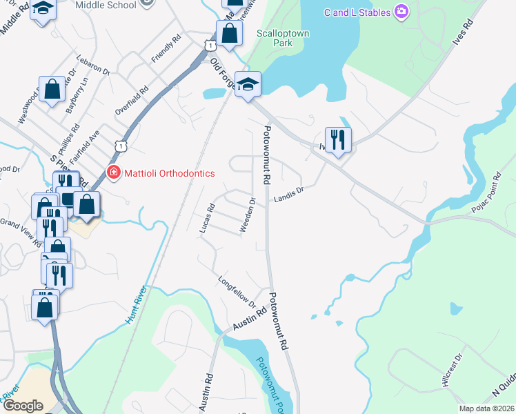 map of restaurants, bars, coffee shops, grocery stores, and more near 189 Potowomut Road in East Greenwich