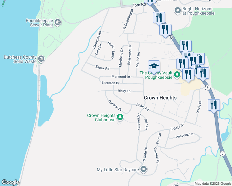 map of restaurants, bars, coffee shops, grocery stores, and more near 61 Robin Road in Poughkeepsie