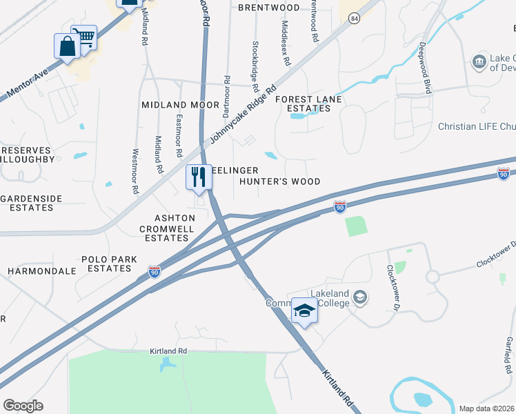 map of restaurants, bars, coffee shops, grocery stores, and more near 8395 Paddock Court in Mentor