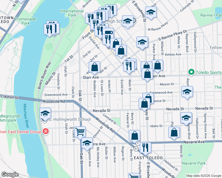 map of restaurants, bars, coffee shops, grocery stores, and more near 548 Greenwood Avenue in Toledo