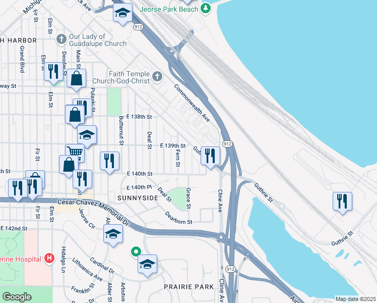 map of restaurants, bars, coffee shops, grocery stores, and more near 3917 Grace Street in East Chicago