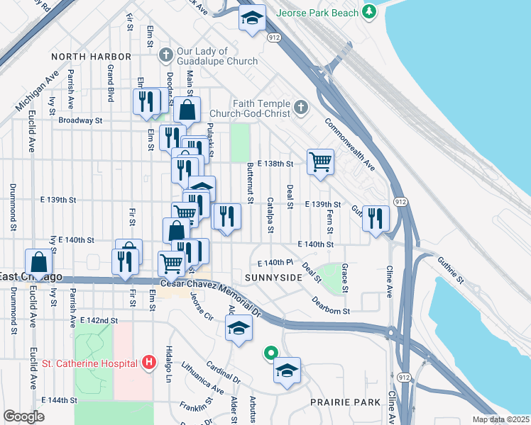 map of restaurants, bars, coffee shops, grocery stores, and more near 3923 Butternut Street in East Chicago