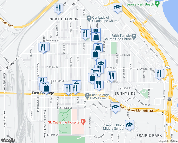 map of restaurants, bars, coffee shops, grocery stores, and more near 3921 Elm Street in East Chicago