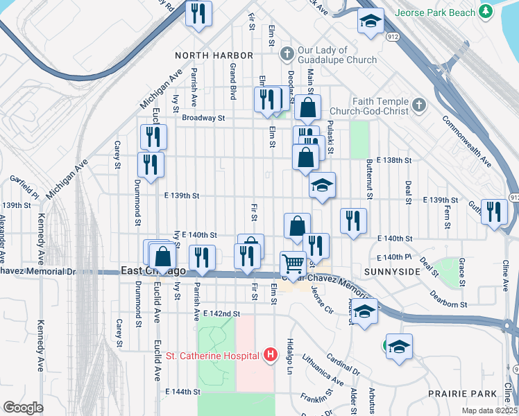 map of restaurants, bars, coffee shops, grocery stores, and more near 3923 Fir Street in East Chicago