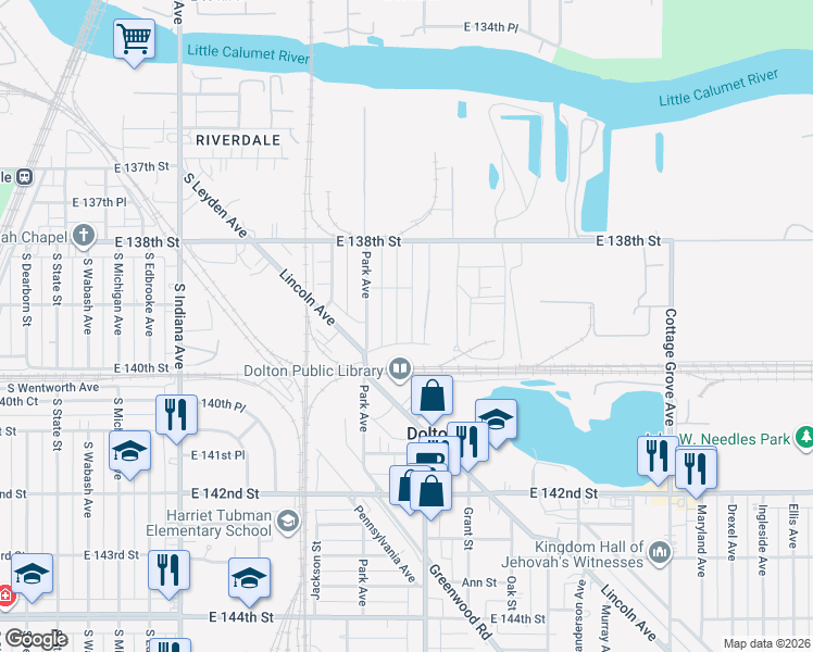 map of restaurants, bars, coffee shops, grocery stores, and more near 13930 Kanawha Avenue in Dolton