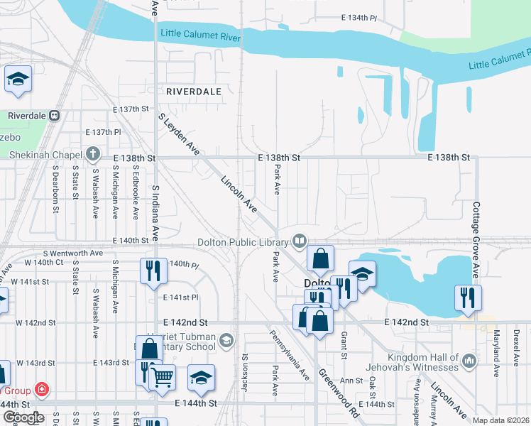 map of restaurants, bars, coffee shops, grocery stores, and more near 13948 Lincoln Avenue in Dolton