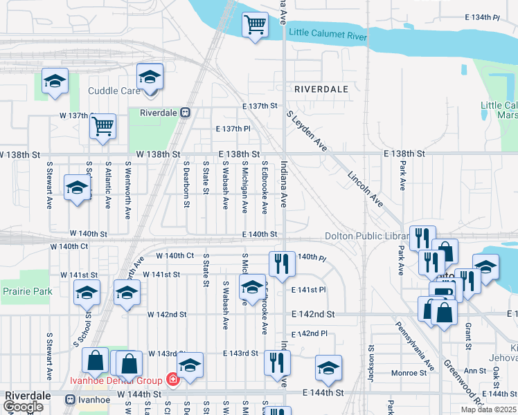 map of restaurants, bars, coffee shops, grocery stores, and more near 13927 South Michigan Avenue in Riverdale