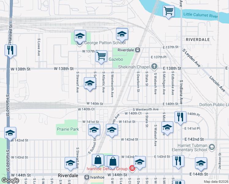 map of restaurants, bars, coffee shops, grocery stores, and more near 13930 South Wentworth Avenue in Riverdale