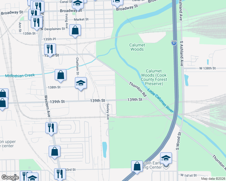 map of restaurants, bars, coffee shops, grocery stores, and more near 13835 Seeley Avenue in Blue Island