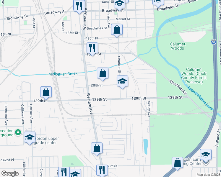 map of restaurants, bars, coffee shops, grocery stores, and more near 2248 139th Street in Blue Island