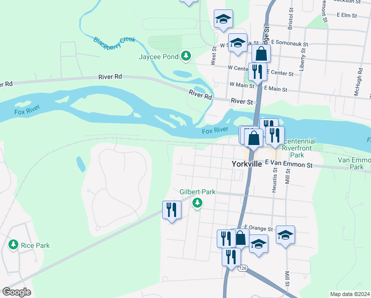 map of restaurants, bars, coffee shops, grocery stores, and more near 410 Morgan Street in Yorkville