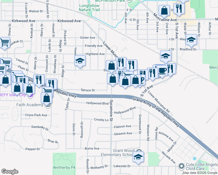 map of restaurants, bars, coffee shops, grocery stores, and more near 1613 Brookwood Dr in Iowa City