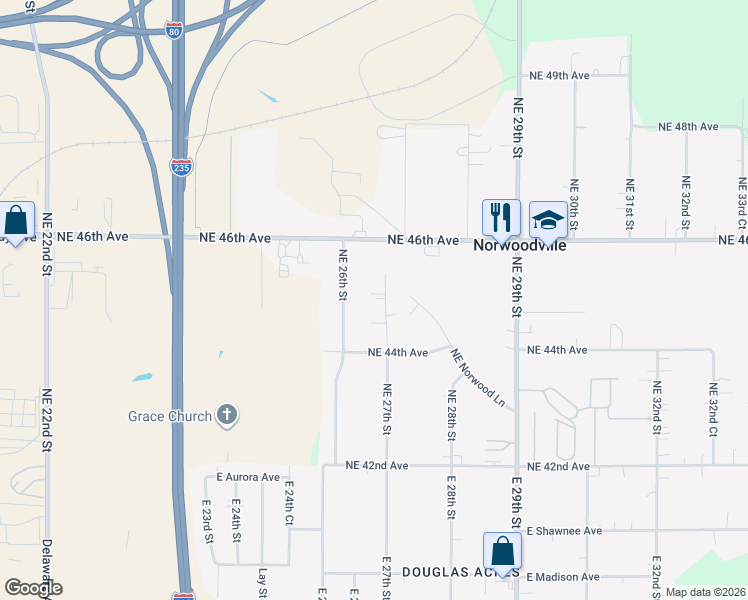 map of restaurants, bars, coffee shops, grocery stores, and more near 4452 Northeast 27th Street in Des Moines