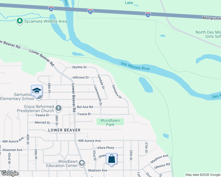 map of restaurants, bars, coffee shops, grocery stores, and more near 4808 Sawyers Drive in Des Moines