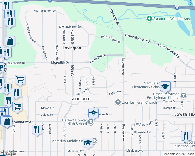 map of restaurants, bars, coffee shops, grocery stores, and more near 4508 47th Street in Des Moines