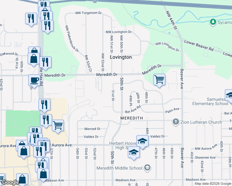 map of restaurants, bars, coffee shops, grocery stores, and more near 4526 50th Street in Des Moines