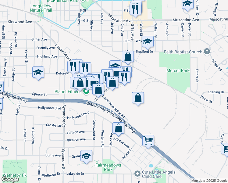 map of restaurants, bars, coffee shops, grocery stores, and more near 1700 South 1st Avenue in Iowa City