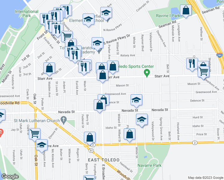 map of restaurants, bars, coffee shops, grocery stores, and more near 463 Parker Avenue in Toledo