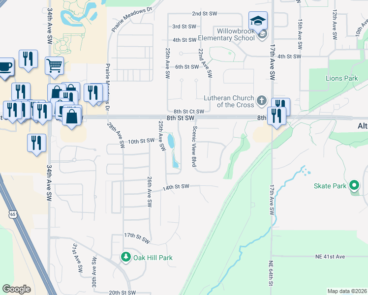 map of restaurants, bars, coffee shops, grocery stores, and more near 1013 Eagle Creek Boulevard Southwest in Altoona