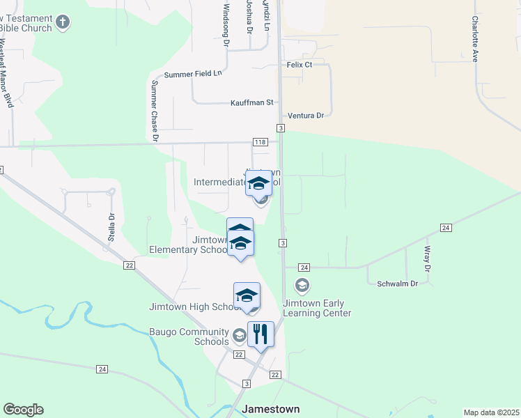 map of restaurants, bars, coffee shops, grocery stores, and more near 58703 County Road 3 in Elkhart