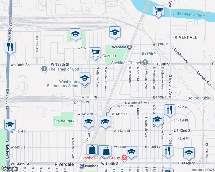map of restaurants, bars, coffee shops, grocery stores, and more near 13913 South Wentworth Avenue in Riverdale