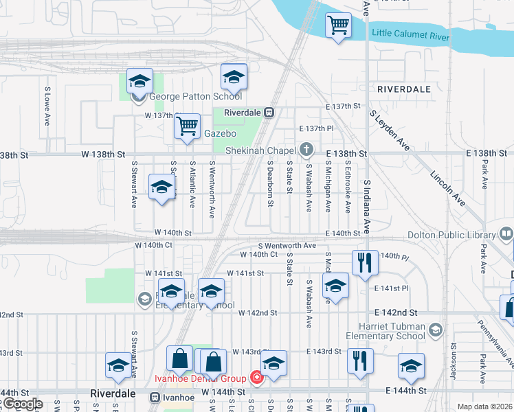 map of restaurants, bars, coffee shops, grocery stores, and more near 13905 South Clark Street in Riverdale