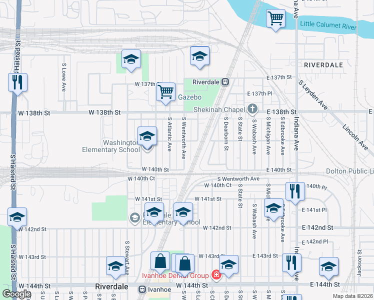 map of restaurants, bars, coffee shops, grocery stores, and more near 13930 South Wentworth Avenue in Riverdale