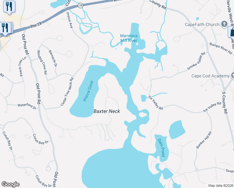 map of restaurants, bars, coffee shops, grocery stores, and more near 431 Baxter Neck Road in Barnstable
