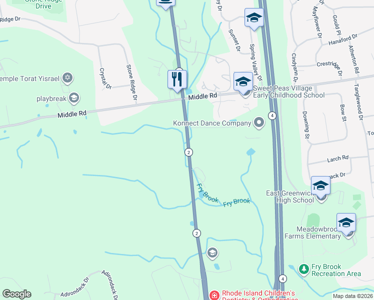map of restaurants, bars, coffee shops, grocery stores, and more near 2032 South County Trail in East Greenwich