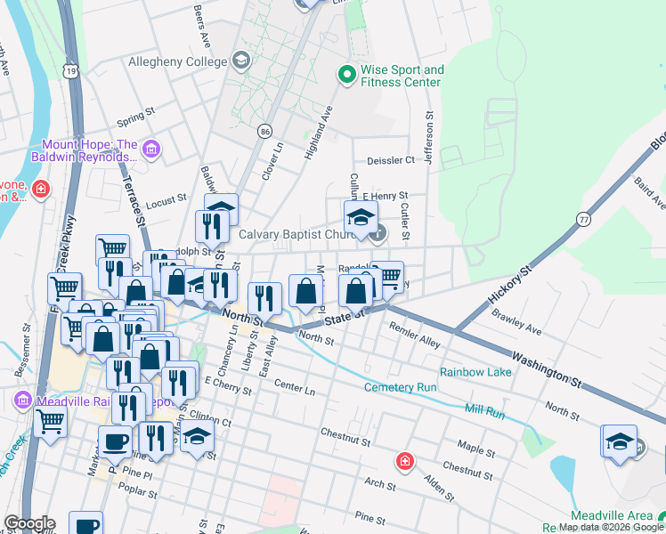 map of restaurants, bars, coffee shops, grocery stores, and more near 763-787 Mohican Pl in Meadville