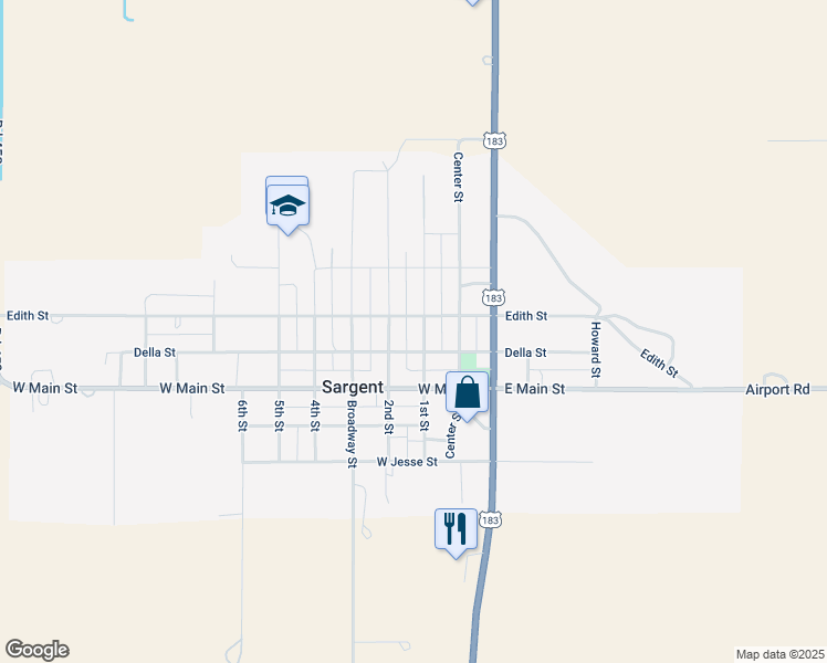 map of restaurants, bars, coffee shops, grocery stores, and more near 101 Della Street in Sargent