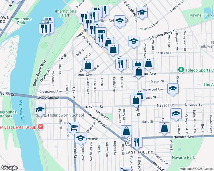 map of restaurants, bars, coffee shops, grocery stores, and more near 628 Greenwood Avenue in Toledo