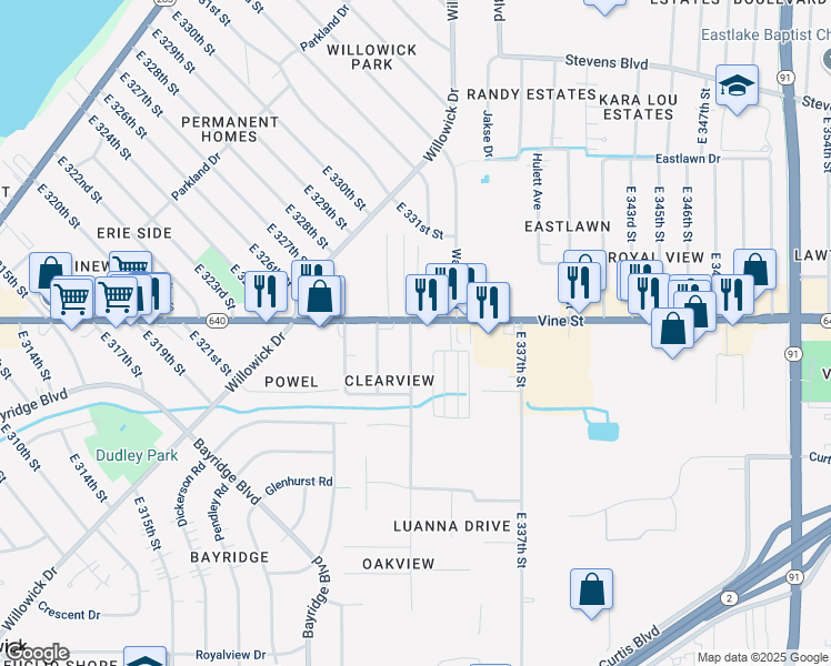 map of restaurants, bars, coffee shops, grocery stores, and more near 33212 Vine Street in Willowick