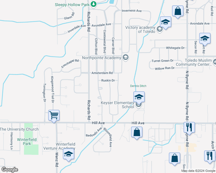 map of restaurants, bars, coffee shops, grocery stores, and more near 335 Dickens Drive in Toledo
