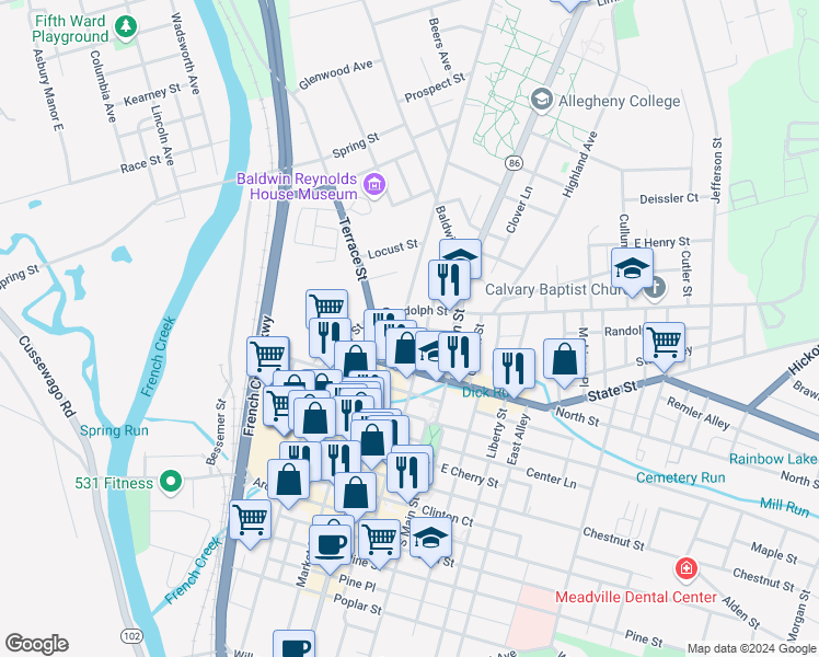 map of restaurants, bars, coffee shops, grocery stores, and more near in Meadville