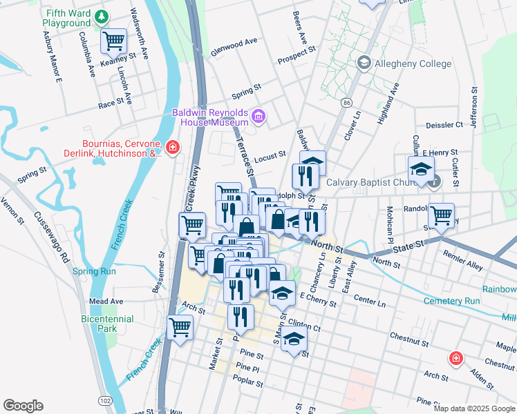 map of restaurants, bars, coffee shops, grocery stores, and more near 40299 Market Street in Meadville