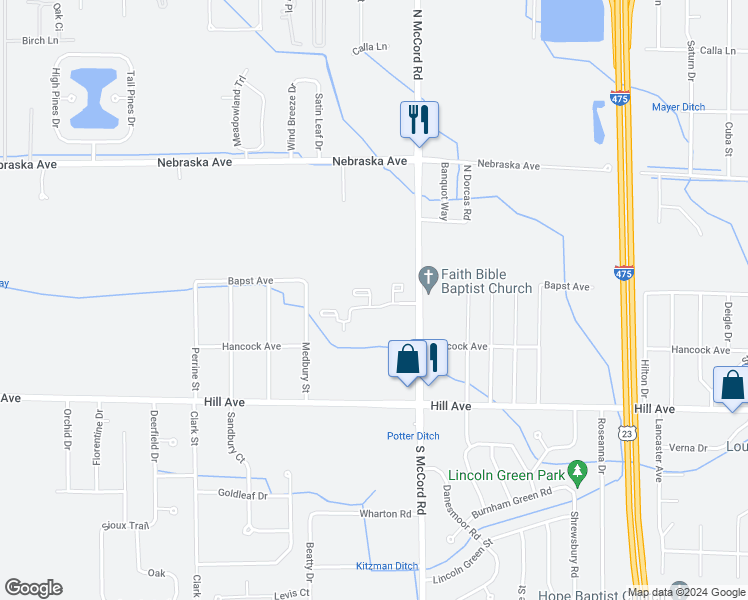 map of restaurants, bars, coffee shops, grocery stores, and more near 235 North McCord Road in Toledo