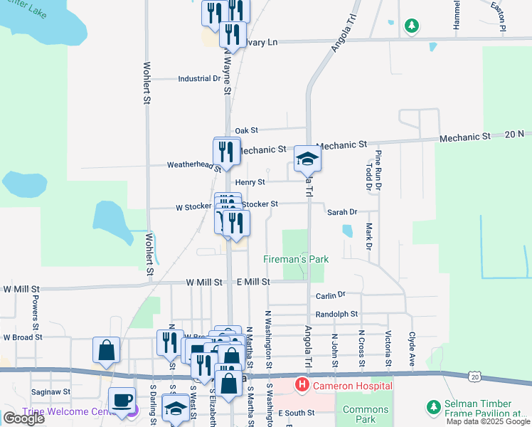 map of restaurants, bars, coffee shops, grocery stores, and more near 615 North Washington Street in Angola