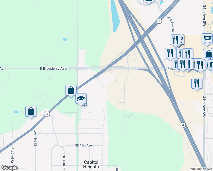 map of restaurants, bars, coffee shops, grocery stores, and more near 4427 East 48th Street in Des Moines