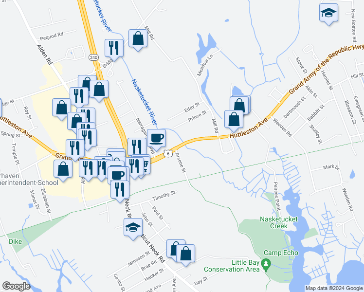 map of restaurants, bars, coffee shops, grocery stores, and more near 247 Huttleston Avenue in Fairhaven