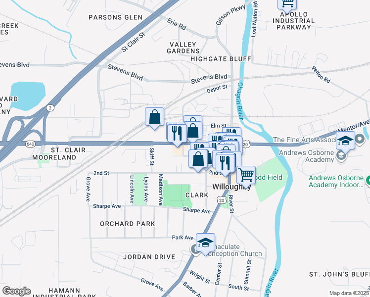 map of restaurants, bars, coffee shops, grocery stores, and more near 4019 Church Street in Willoughby