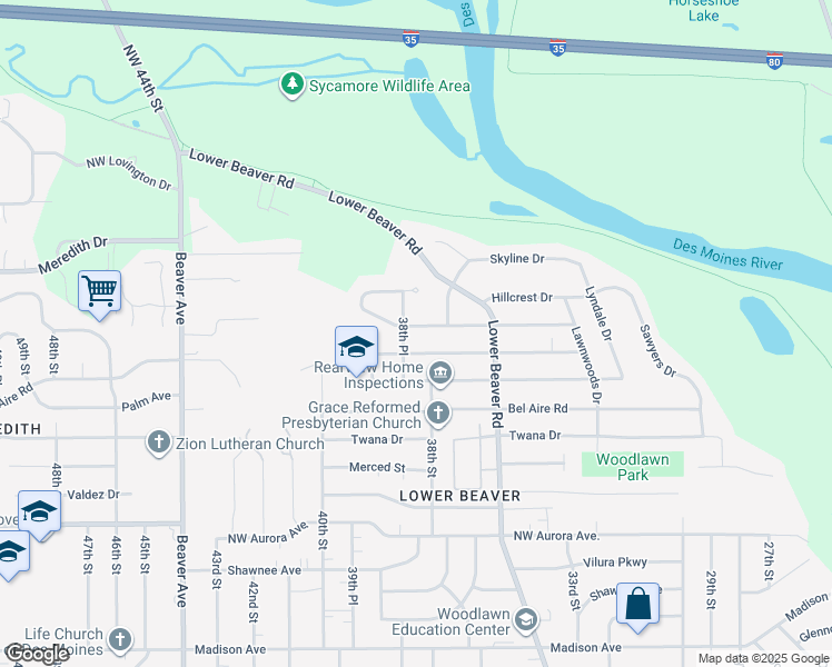 map of restaurants, bars, coffee shops, grocery stores, and more near 3812 Brinkwood Road in Des Moines