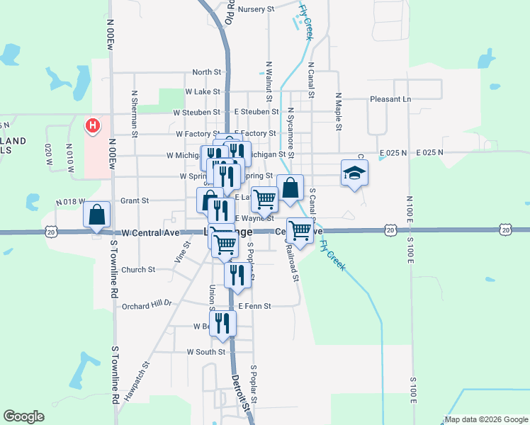 map of restaurants, bars, coffee shops, grocery stores, and more near 250 East Lafayette Street in LaGrange