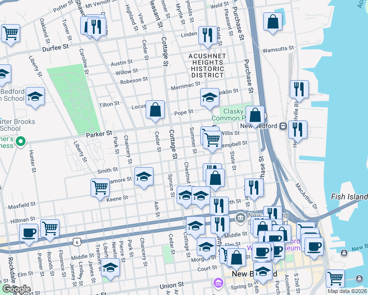 map of restaurants, bars, coffee shops, grocery stores, and more near Chestnut Street in New Bedford