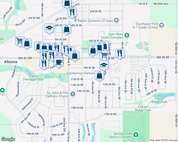 map of restaurants, bars, coffee shops, grocery stores, and more near 1408 Bailie Lane Southwest in Altoona