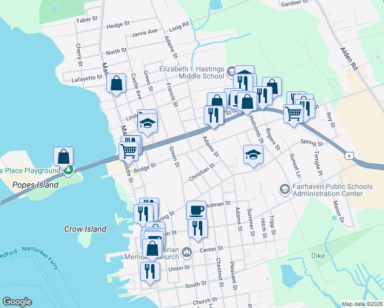 map of restaurants, bars, coffee shops, grocery stores, and more near 10 Francis Street in Fairhaven